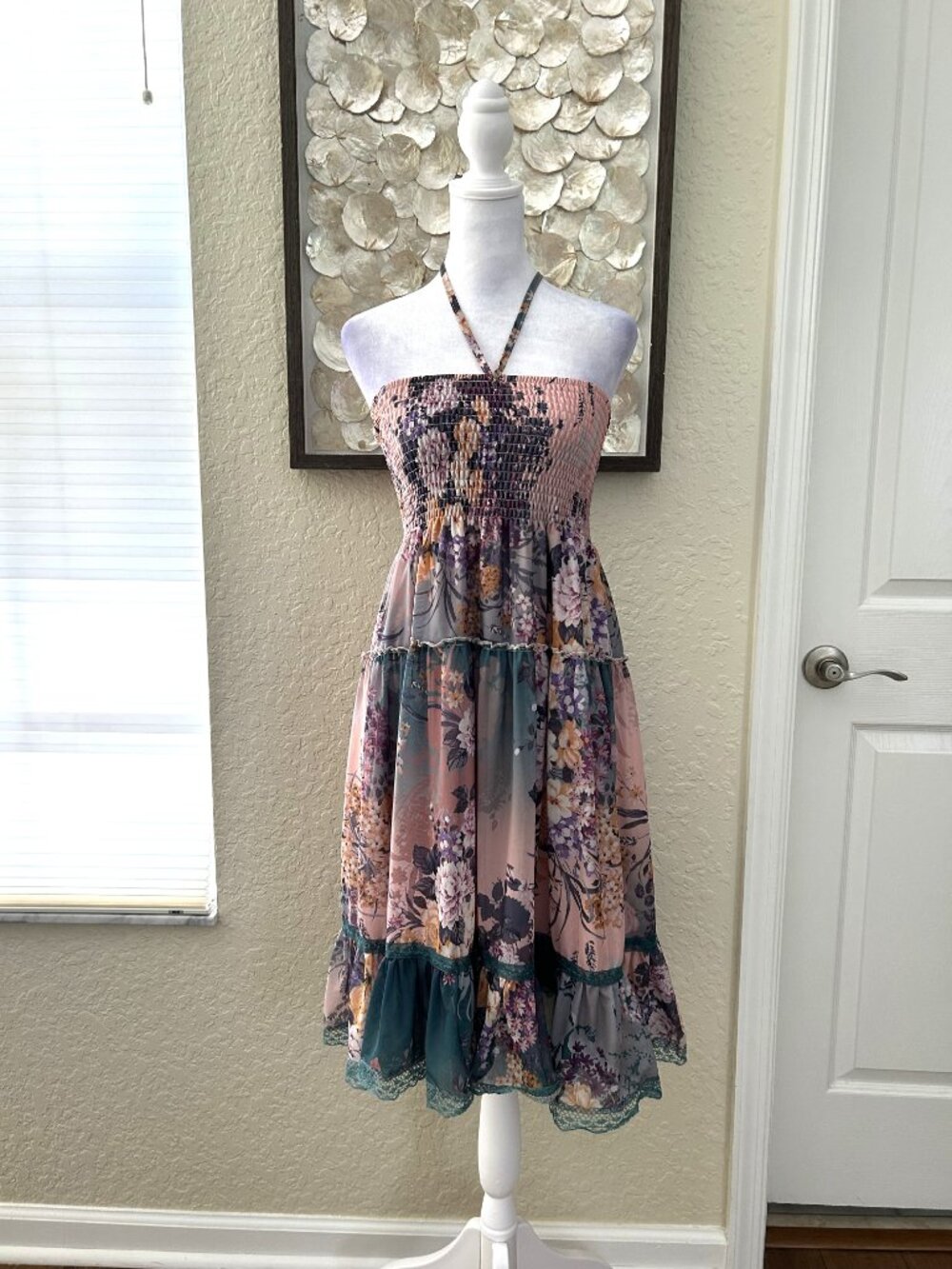 Vintage Cirana Floral Mesh Overlay Tiered Midi Dress